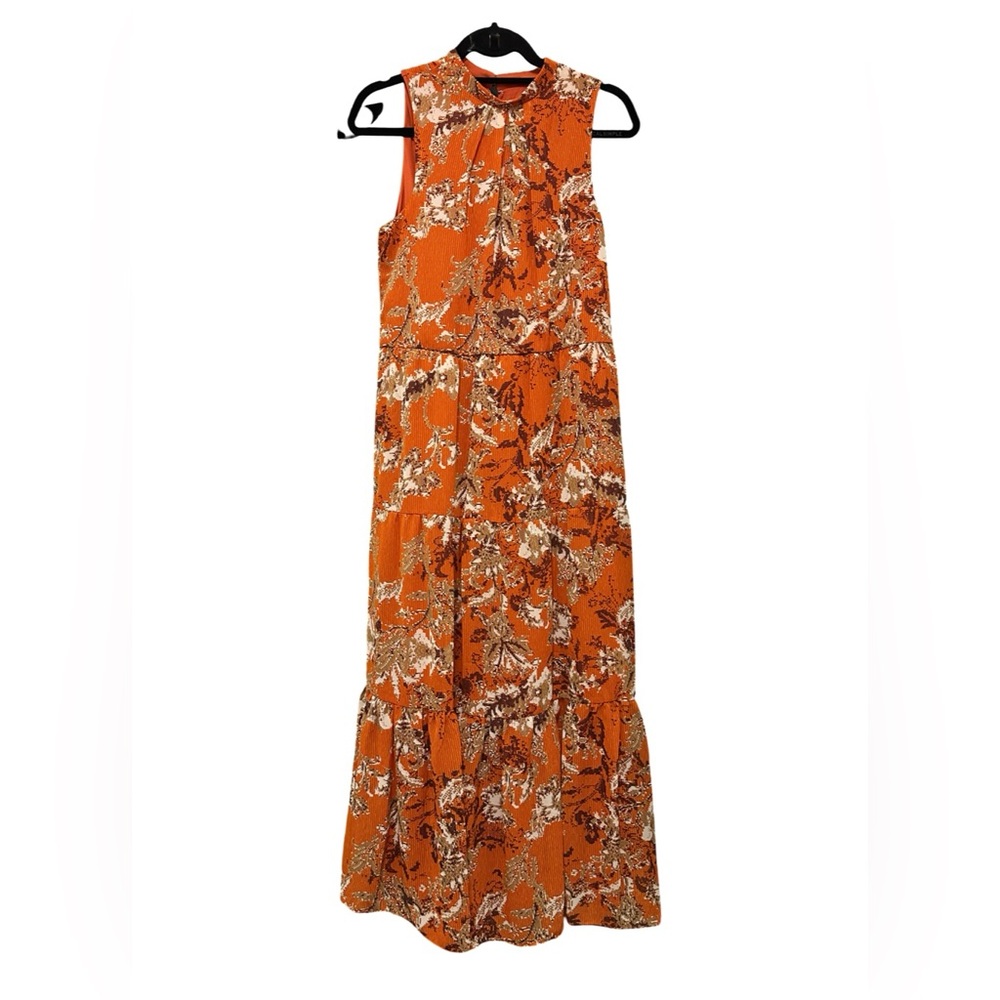 Donna Ricco Orange Ruffled Tiered Halter Maxi Dress